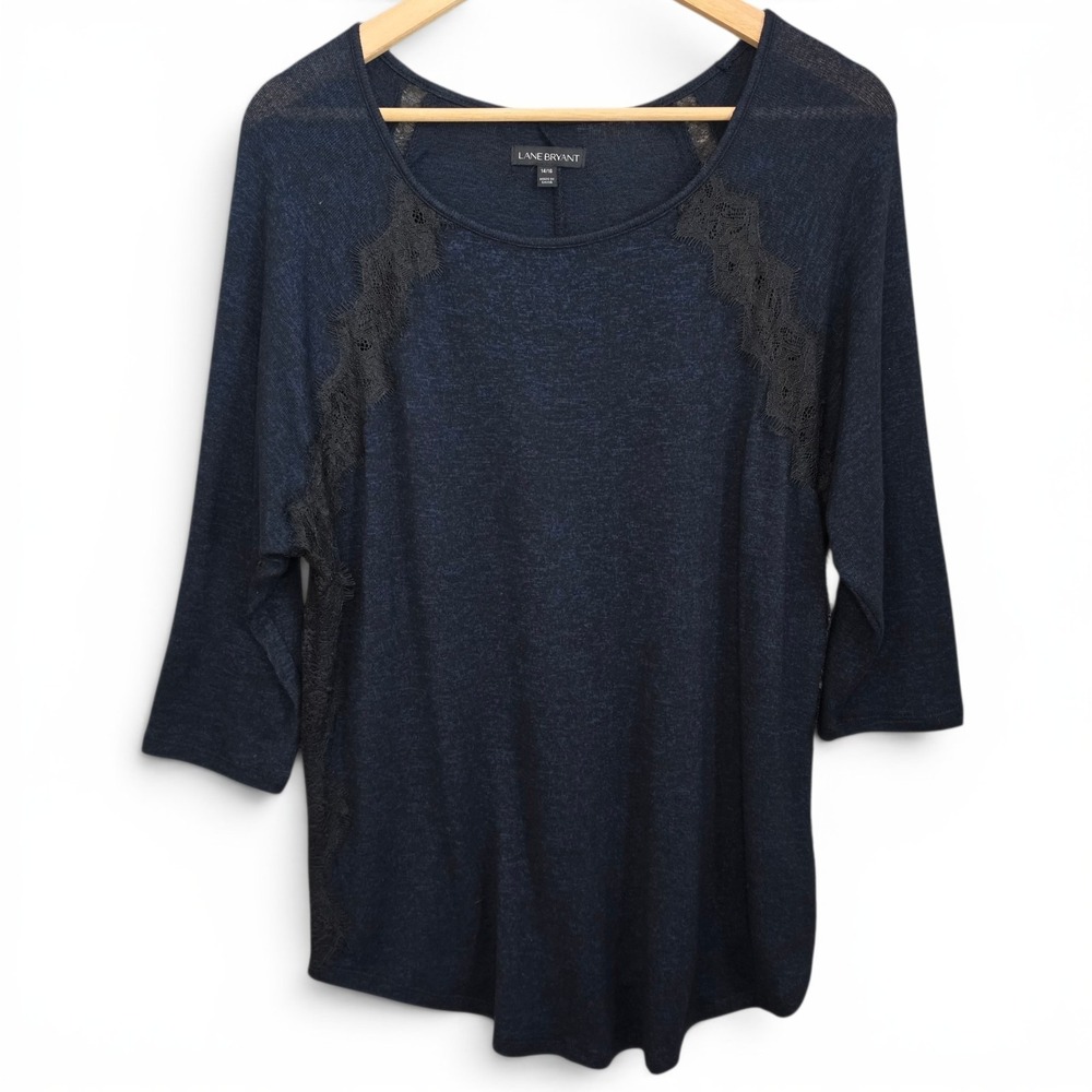 Lane Bryant Top Womens Plus 14/16 Blue‎ Knit Scoop Neck Lace Accent 3/4 Sleeve